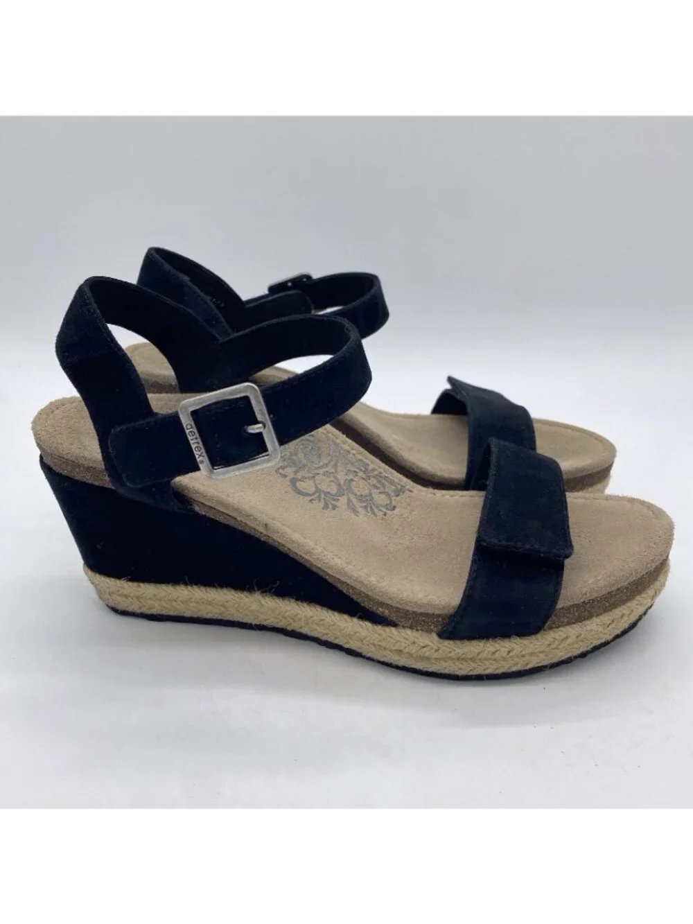 Aetrex Black Suede Wedge Espadrille Sandals